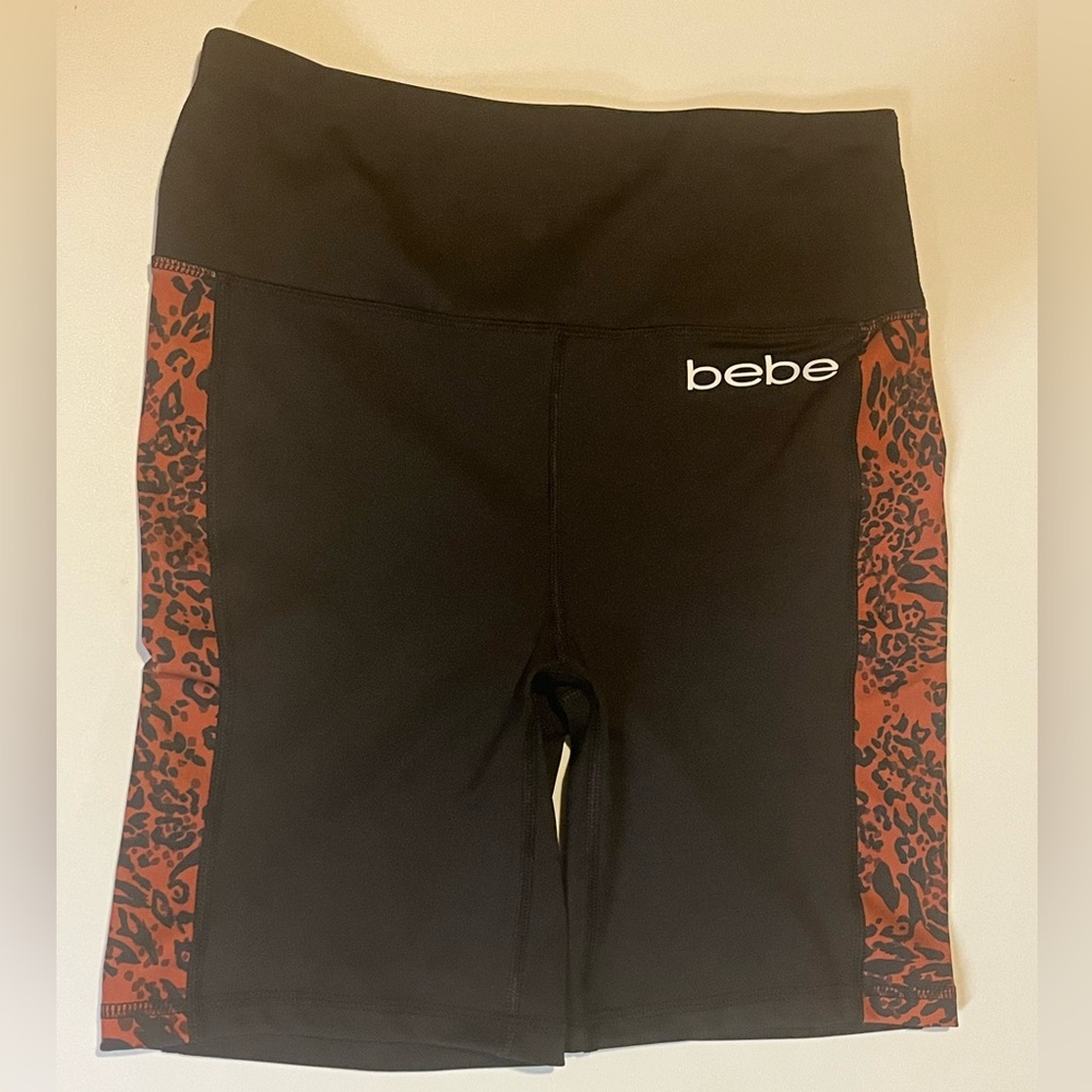 EUC Women’s Bebe Sport Black Biker Shorts with Animal Print. Size Medium.